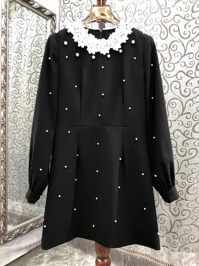 

2024 new women's fashion long-sleeved crew neck neckline lace lace pearl simple sweet dress