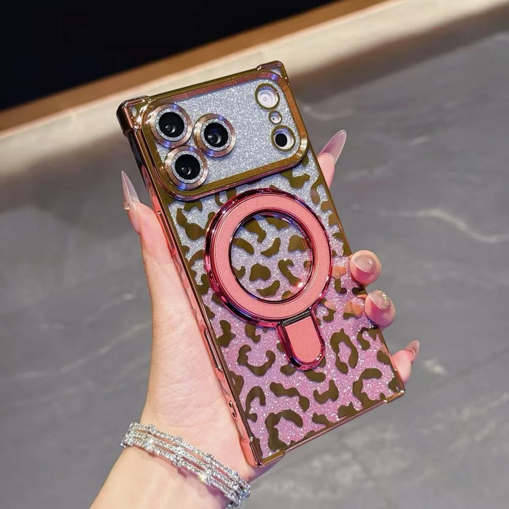 

Luxury Plated Leopard Print Glitter Magnetic For Magsafe Phone Case For iPhone 17 Pro Max 16 15 Plus 14 Pro Max Shockproof Cover