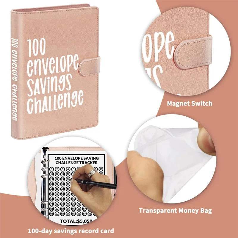 EDT-100 Envelope Challenge Binder, A5 Money Saving Budget Binder - Save 5,050 With The Money Saving Challenge Pink Easy Install