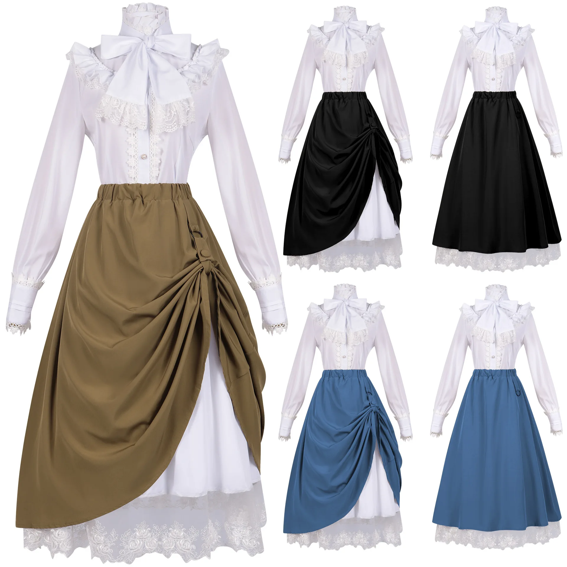 Women Renaissance Medieval Shirt Elastic Waist Party Gothic Skirt Two-Way Flared A-Line Vintage Steampunk Casual Skirts