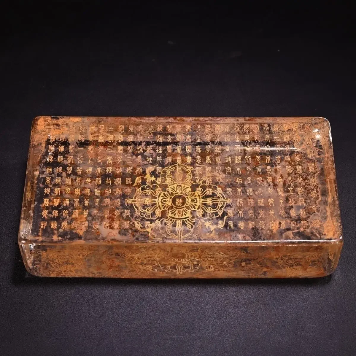 Ancient Crystal Brick Engraved Buddhist Scriptures with Gilded Inscription Tibetan Buddhism Religious Altar Collectible Ornament