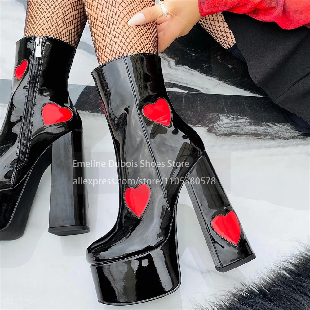 Pink Heart PU Chunky Heel Platform Ankle Boots Patent Leather Side Zip Round Toe High Heel Bootie Cute Y2k Party Shoes for Women