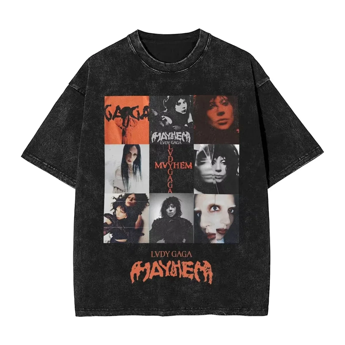 

25 Famous Singer Lady Gaga Washed Tee Mayhem Hip Hop Retro Vintage High Street Streetwear Sleeve Print Men's Women Tops Harajuku