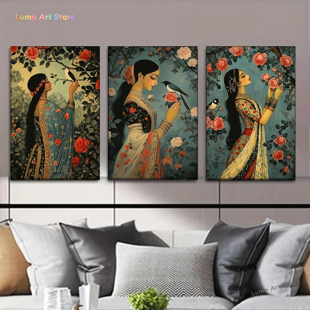 3pcs/set, Canvas Painting--Unframed, Indian Woman Painting, Artist Drawing Set, Living Room, Library, Office, Cafe, Bar, Abst