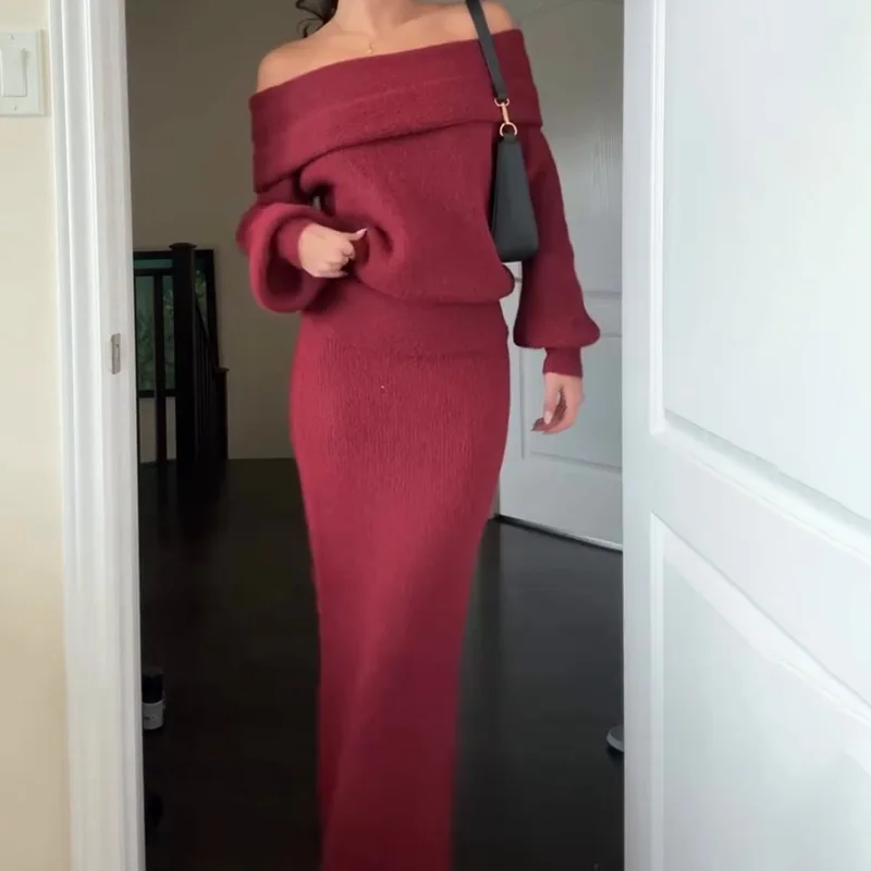 

Женское осеннее длинное трикотажное платье с открытыми плечами, модное привлекательное платье