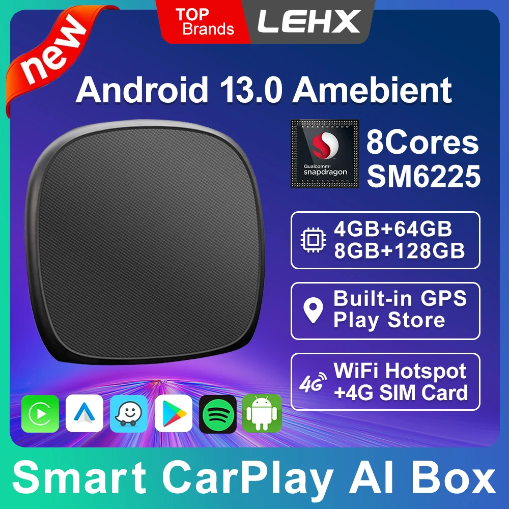 LEHX 2025 NEW SM6225 8Core 5G WiFi 4G LTE CarPlay AI Box Android 13 GPS For Netflix Wireless Android Auto Smart TV Box Audi Benz