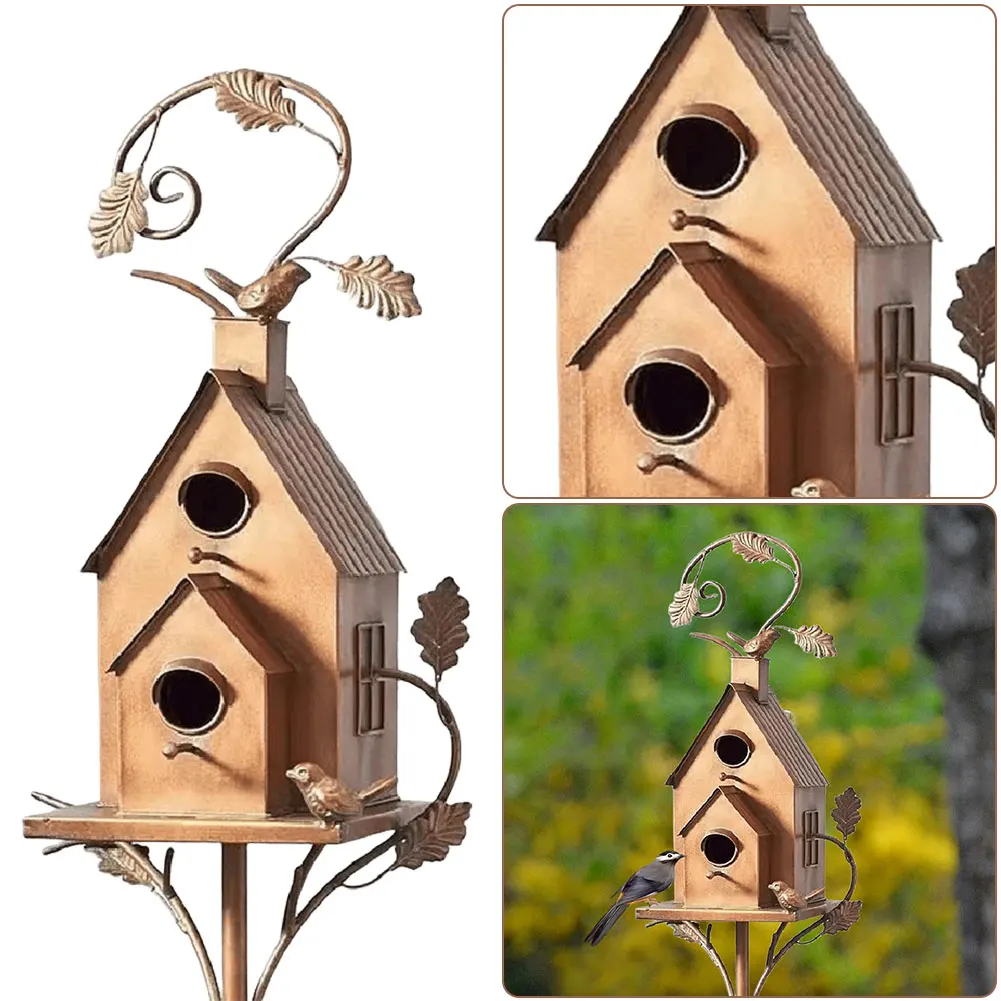 Birdhouse Garden Stakes Metal Bird House with Pole Garden Outdoor Metal Birdhouse Decoration for Outdoor Yard Garden Decor