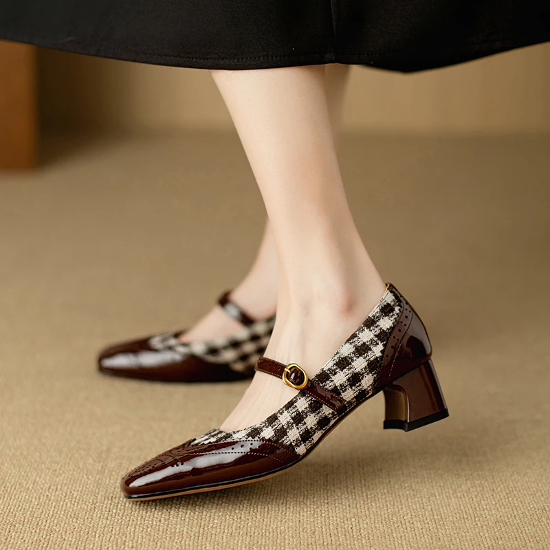 

2024 Spring Summer New Patent Leather Women Shoes Square Toe Women Pumps Brogue Designs Mary Jane Shoes for Women Ladies Shoes