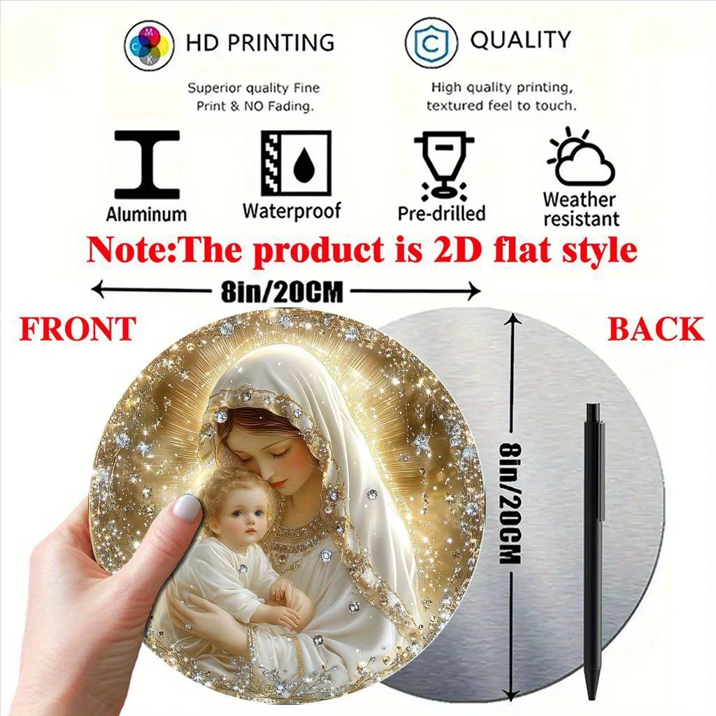 2D شقة، 1PC مريم العذراء والشباب موضوع جولة الألومنيوم علامة الديكور الفن، ديكور خمر، عالية الوضوح 2D الألومنيوم Sig