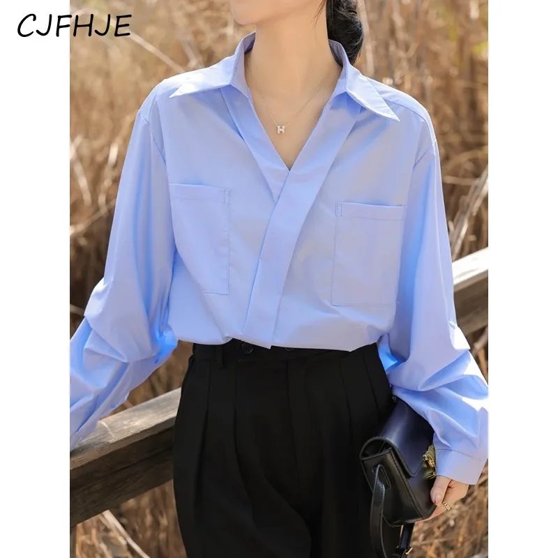 

CJFHJE High Quality Women White Blue Shirts Office Ladies New Elegant Long Sleeve Loose Luxury Tops Blouse Shirts with Pocket