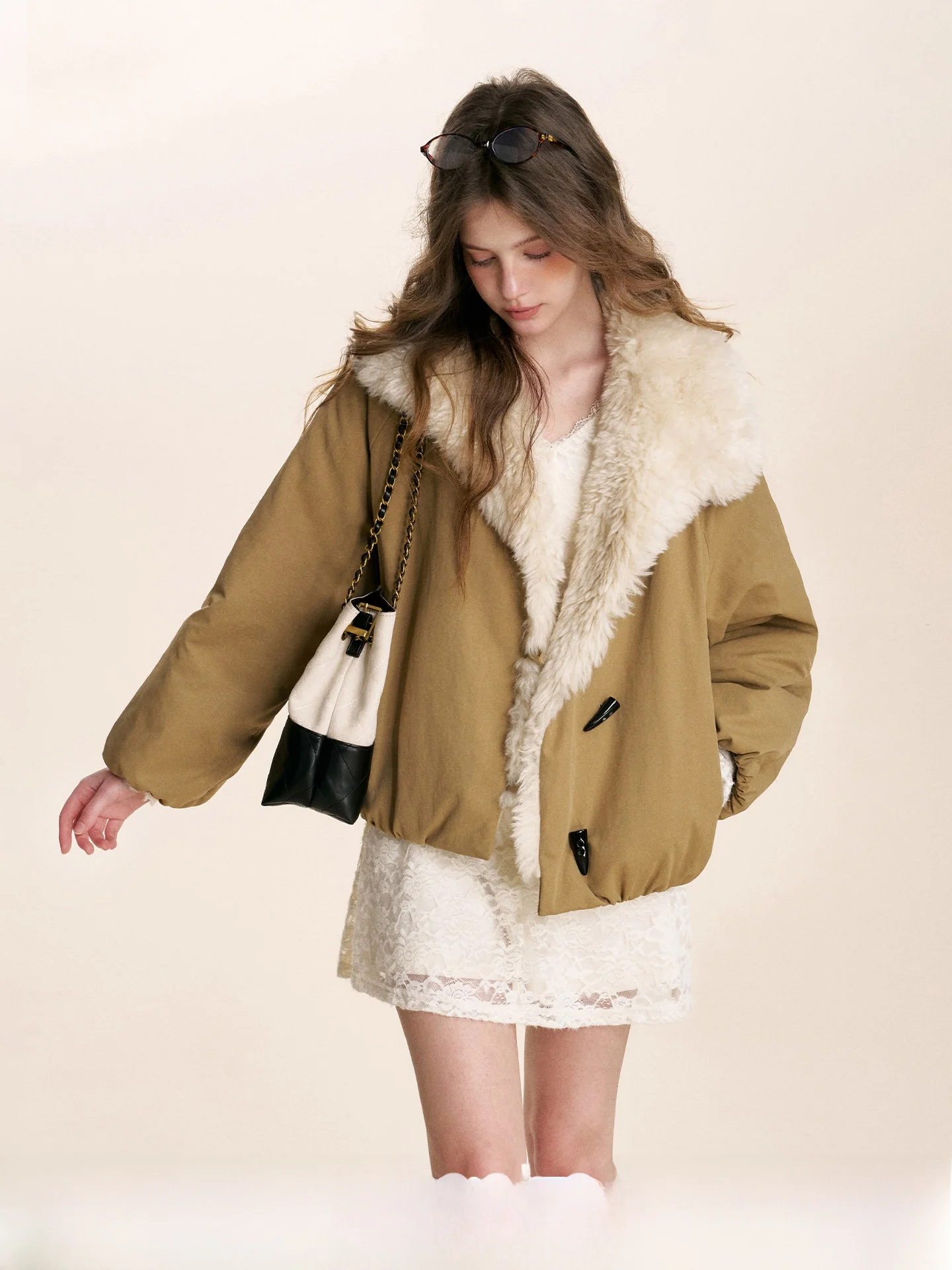 

Kroche Loose Lamb Fur Collar ort Parka Jaet Korean Sle Cotton Coat Outerwear Large Turn-down Collar Casual Women's Wear
