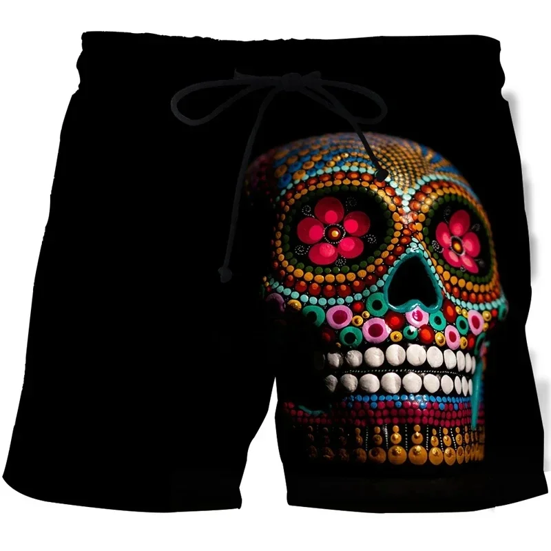 Summer Beach Shorts For Men 3D Printed Flower Skull Board Short Exercise Gym Swim Shorts Quick Drying Swimsuit Surfboard Pants