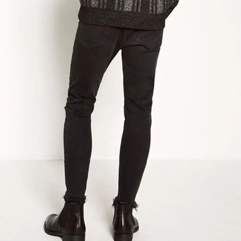 European and American High Street Knee Hole Black Jeans, Spring and Autumn Men's Tight Casual Small Foot Pencil Pants