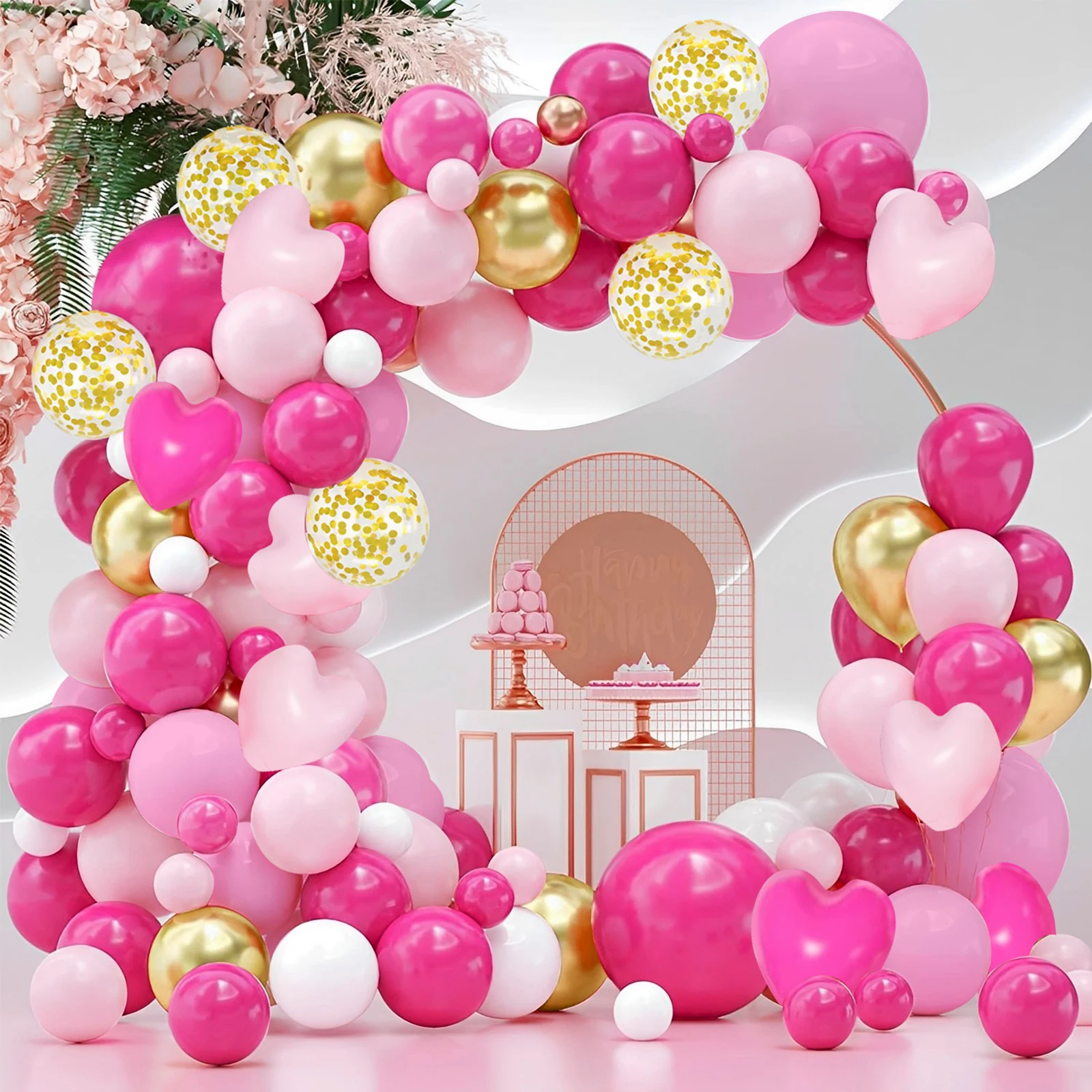 147Pcs Rose Red Balloon Garland Arch Kit Reusable Macaron Pink Metallic Gold Peach Pink Balloons Latex Heart Shape Balloons