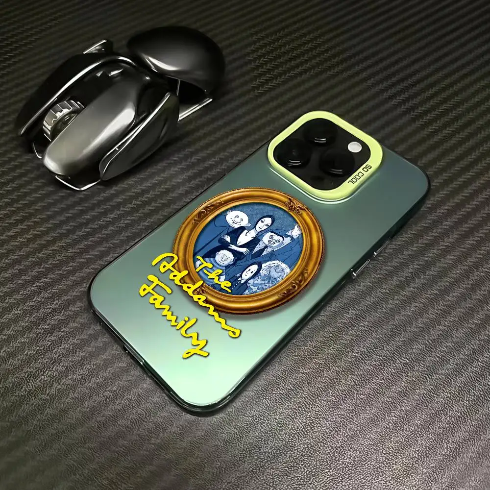حافظة هاتف T-The Addams Anime F-Family لهاتف iPhone 16 15 14 13 12 11 Pro Max زر معدني مستقل مطلي بالكهرباء