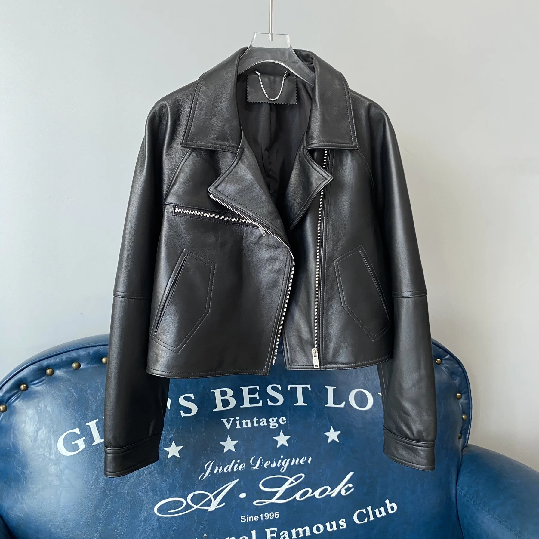 Frühling 2024 Damen Ort Loose Faionable Bla Eepskin Leather Jaet Haifeng Echtledermantel Pendeln Sle Zipper...