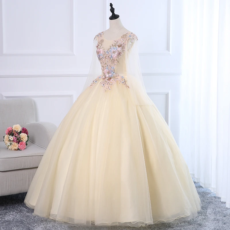 Elegante até o chão Vestidos Quinceanera com manga comprida, vestido de baile, Apliques de renda doce, Champagne Prom Dress, mais novo