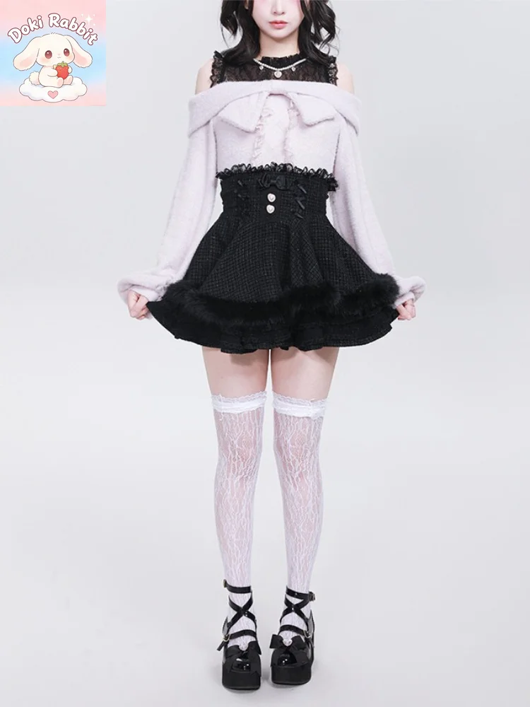 Fall Gothic Lolita Y2K Alt Japan Style 2 Piece Set Women Off Shoulder Long Sleeve Tops + Lace Fur Hem Skirt Harajuku Dark Outfit