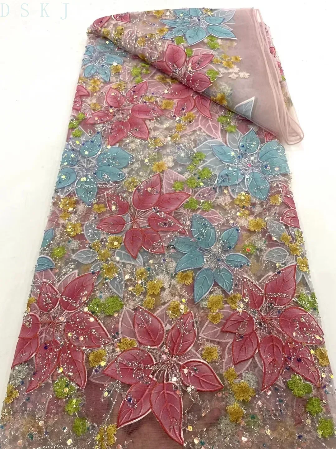 

French beaded multi-color , Nigerian tulle net lace fabric, high-quality lace pink lace fabric for weddings
