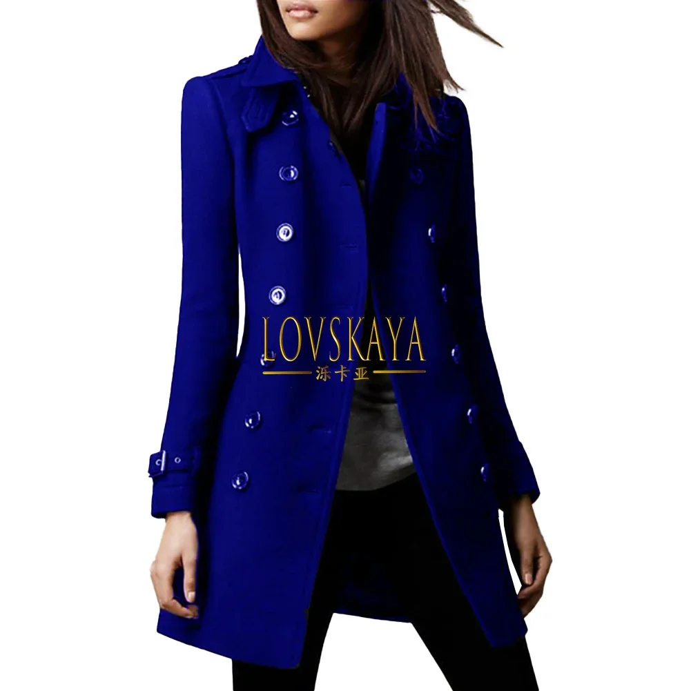 Double Breasted Faux Wool Coat Overcoats Jacket Long Style Lapel Trench Parka Slim Fit Woman Clothing