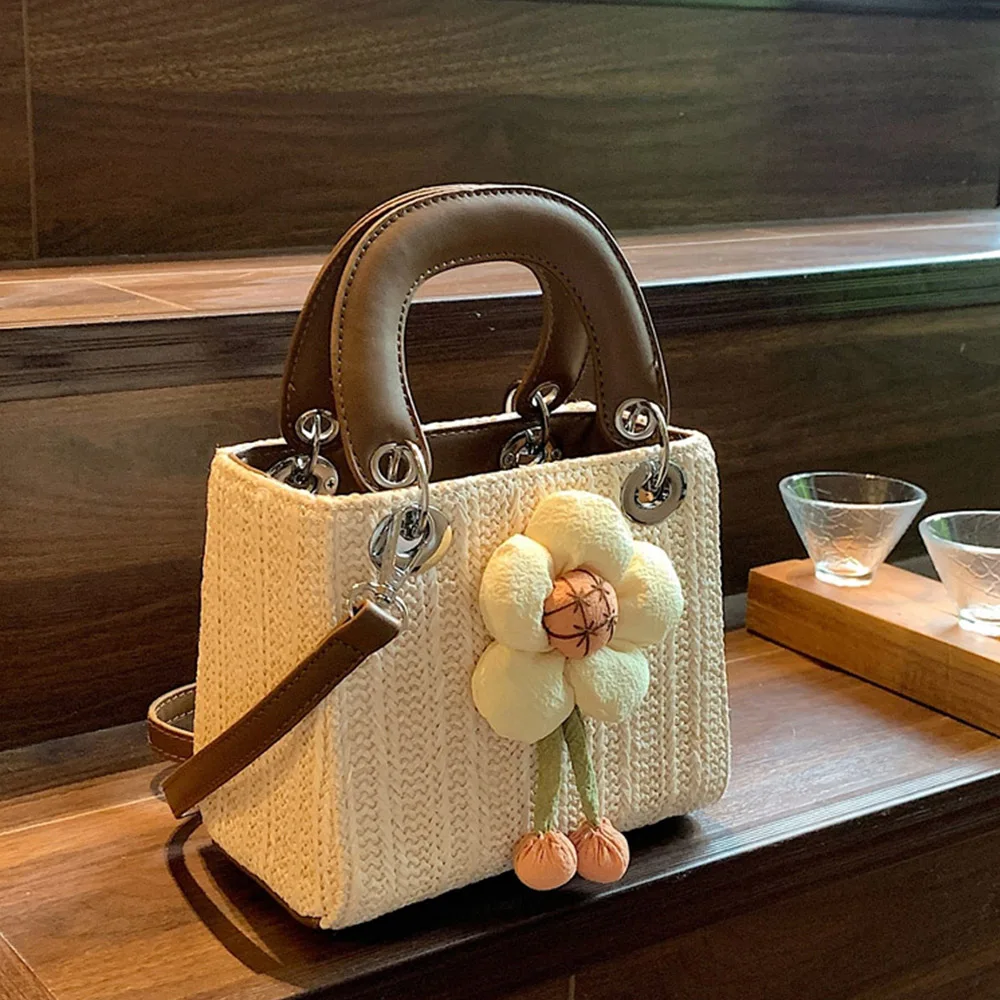 

Elegant Women Straw Square Handbag Big Flower Patch Tote Bags Large Caapcity Female Daily Commute Handle Packs Lady Shoulder Bag