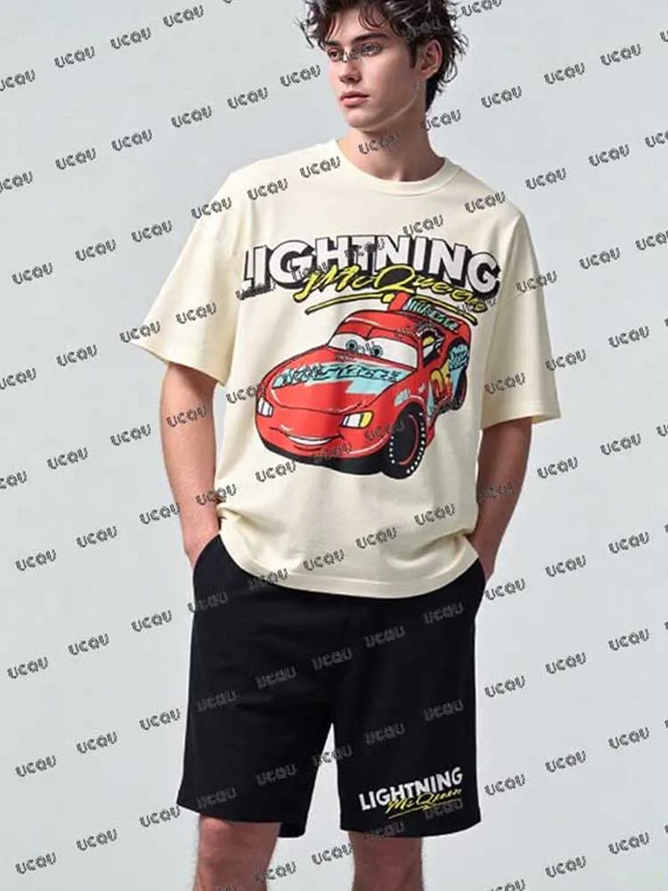

New Men's Tracksuit Sets Lightning McQueen Short Sleeve T-Shirt+Shorts Suit Casual Suit Sports Streetwear 2 Piece Male Clothes