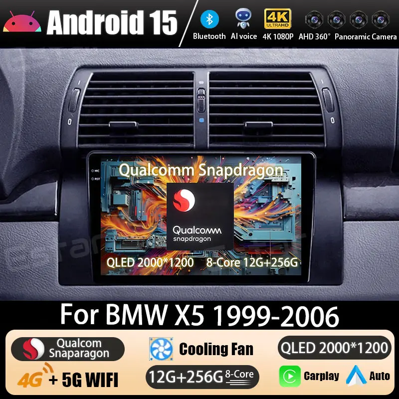 안드로이드 15 자동차 라디오 BMW X5 E39 E53 1999 - 2006 멀티미디어 헤드 유닛 QLED Carplay 플레이어 네비게이션 스테레오 DSP BT 360 카메라