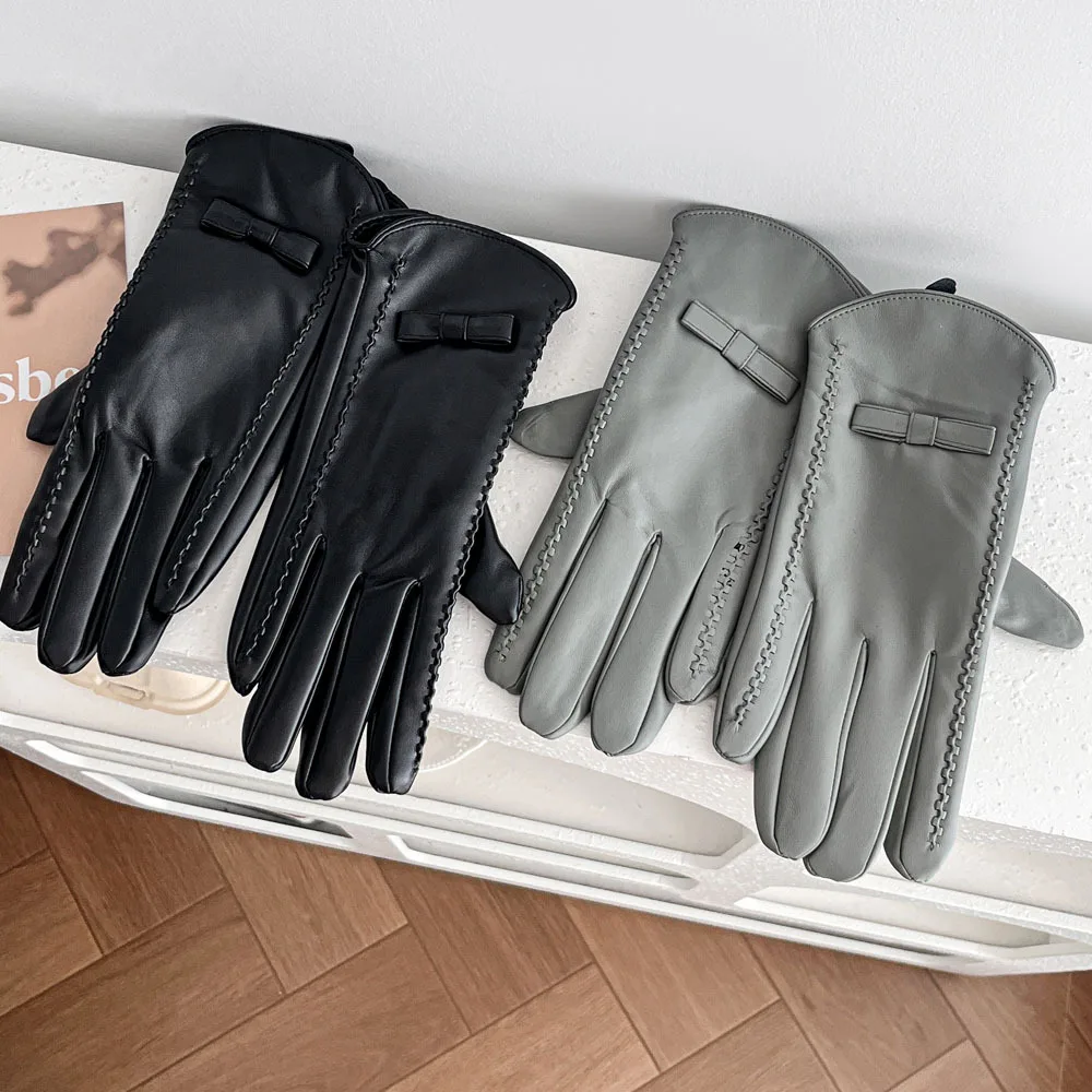 Leather Gloves with Fleece for Women, Warm and Windproof for Winter Outdoor Cycling, and Cold Resistant Finger Gloves