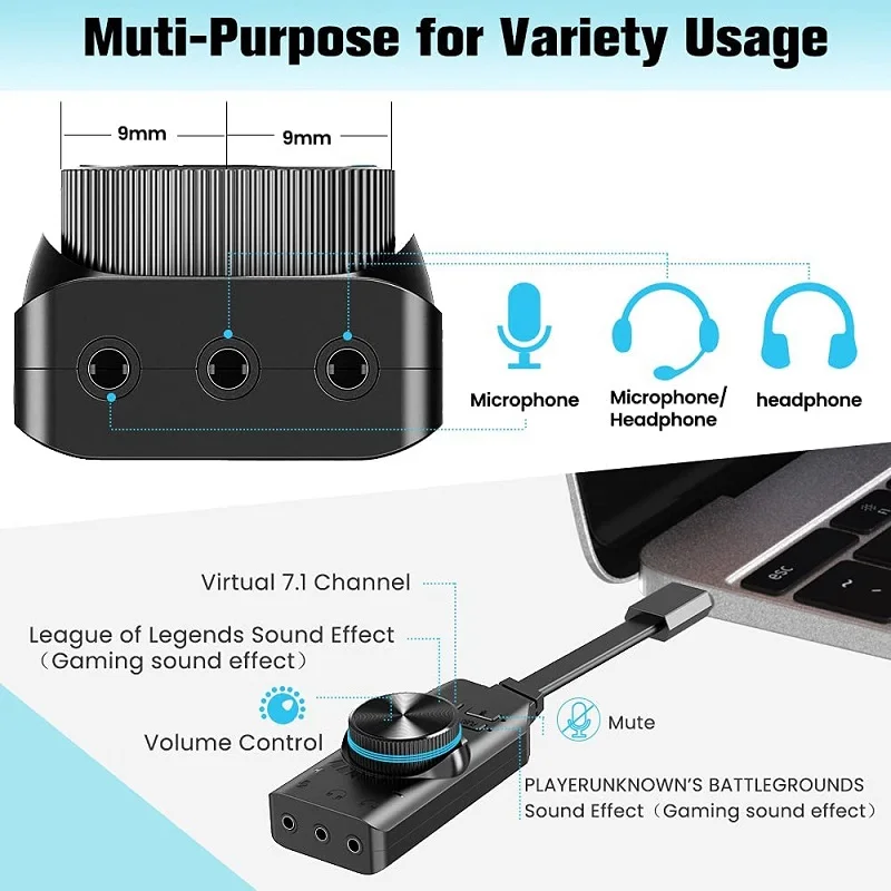 7.1 Channel Sound Card USB Audio Interface Headphone Adapter Soundcard Professional Gaming Soundcard for Mic Speaker Laptop PC