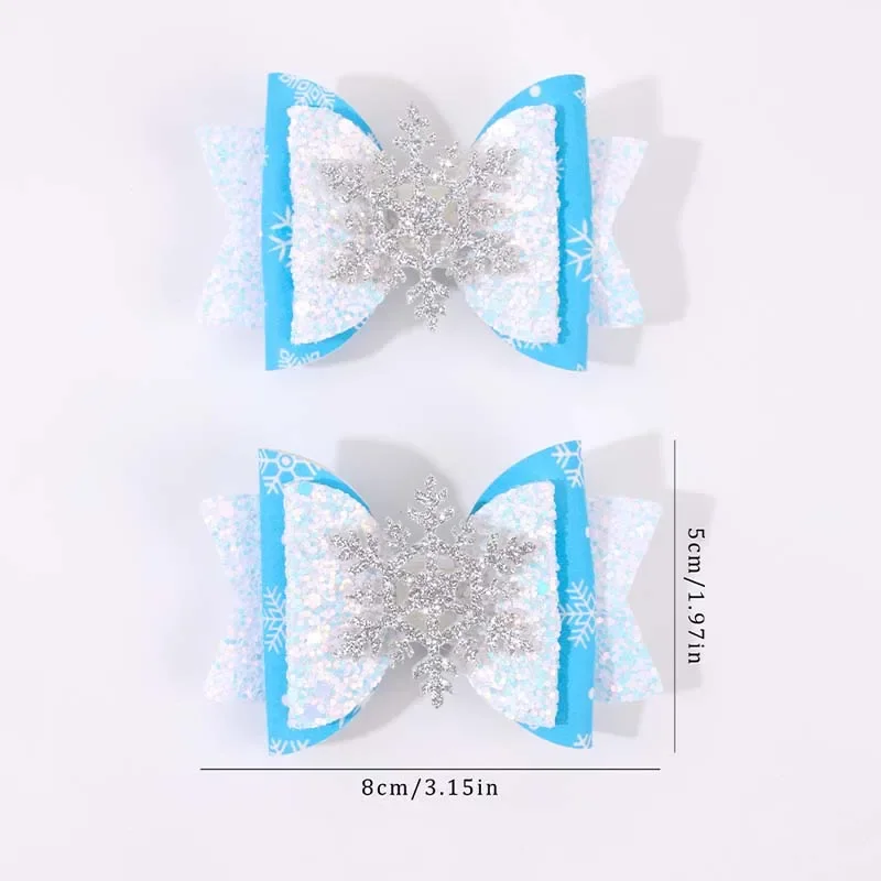 ncmama 2PCS Christmas Snowflake Bow Hairpins Sweet Girls Exquisite Glitter Snowflake Hair Clips Kids Barrettes Hair Accessories