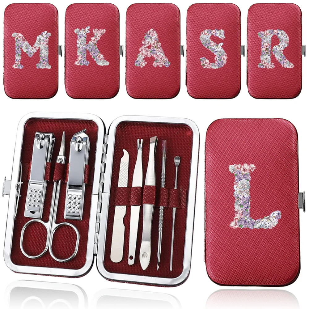 

8Pcs Pocket Manicure Nail Scissors Set Organize Nail Clippers Pedicure Kit Portable Beauty Tool Case Rose Flower Letter Pattern