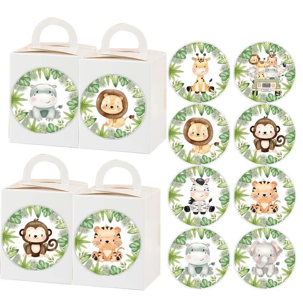 Animais redondos bonitos adesivos para crianças, safári, selva, safári, decoração de festa de aniversário, diy, cookie packaging supply, 112pcs