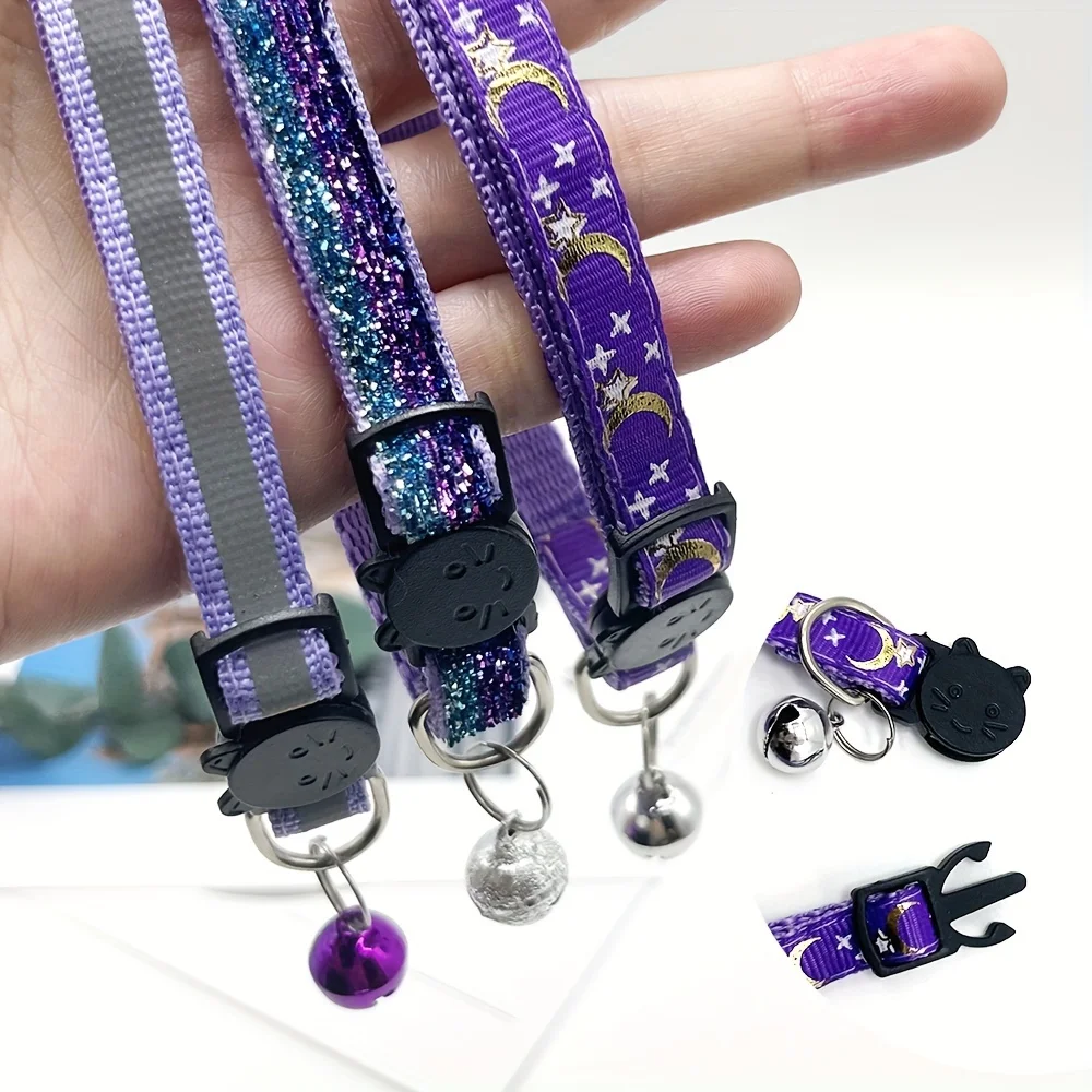 Adjustable Reflective 3-Pack Cat Collars - Star & Moon Pattern with Bells and Safety Release Buckle