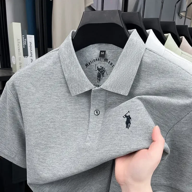 High End Quality Men's Summer 100 Pure Cotton Short Sleeved Solid Color Embroidered Lapel Pullover Polo Shirt Casual Versatile T – Detail 5