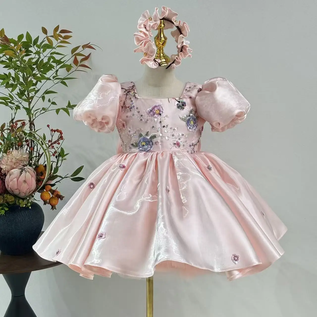 Jill Wish J026 Elegant Dubai Pink Girl Dress 3D Flowers with Hairband for Kids Wedding Birthday Communion Party Pageant 2025