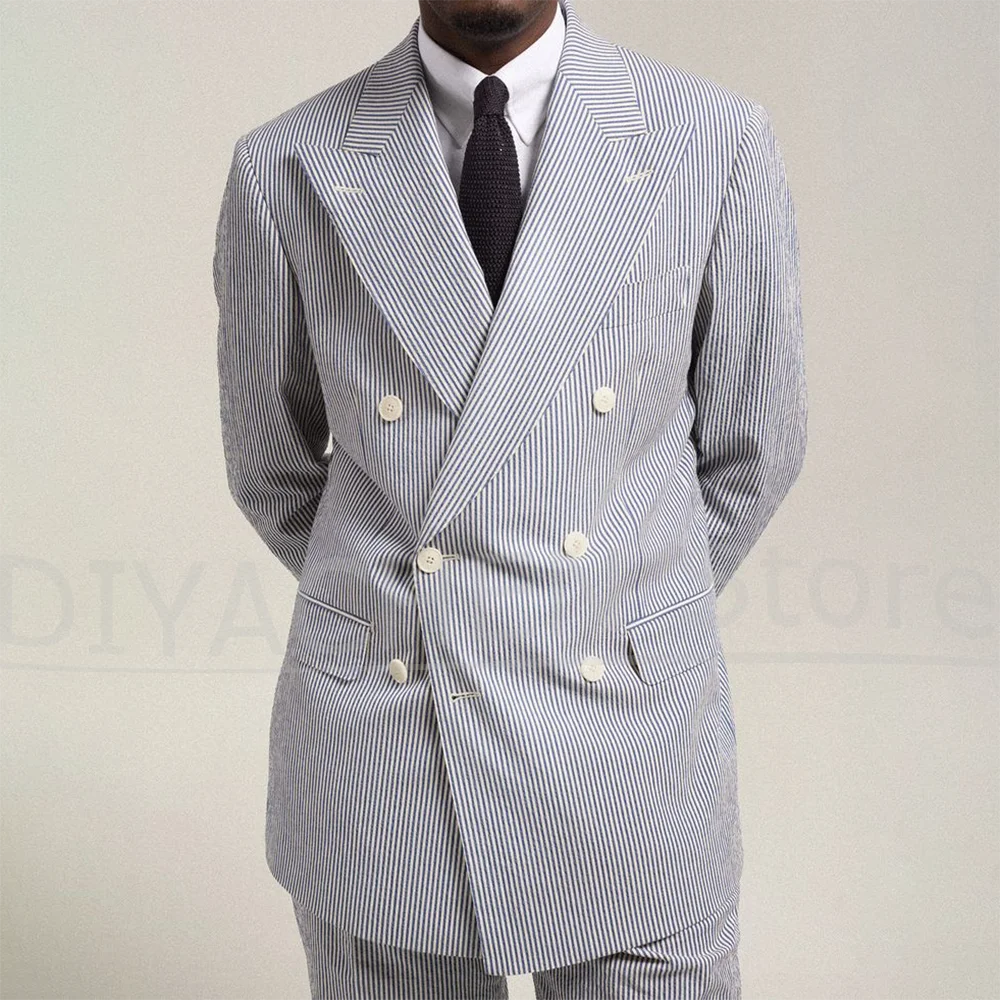 

Seersucker Men Suits 2 Piece Chic Peak Lapel Double Breasted Pinstripe Outfits Slim Daily Casual Formal Wedding Party Tuxedo