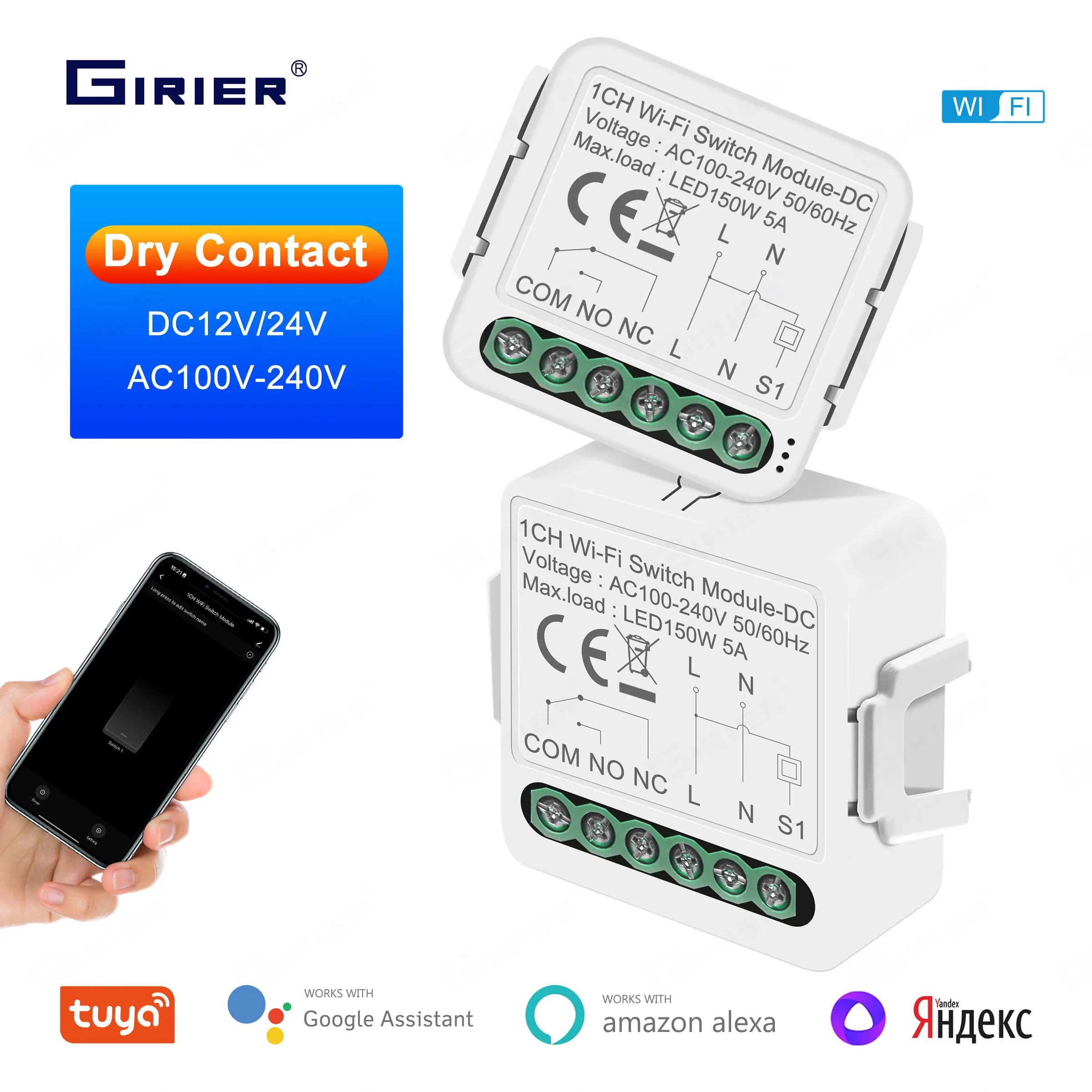 GIRIER Smart Dry Contact Modulo interruttore WiFi Smart Home, Casa Intelligente Interruttore fai da te Relè DC 12/24V AC 100-240V Funziona con Alexa