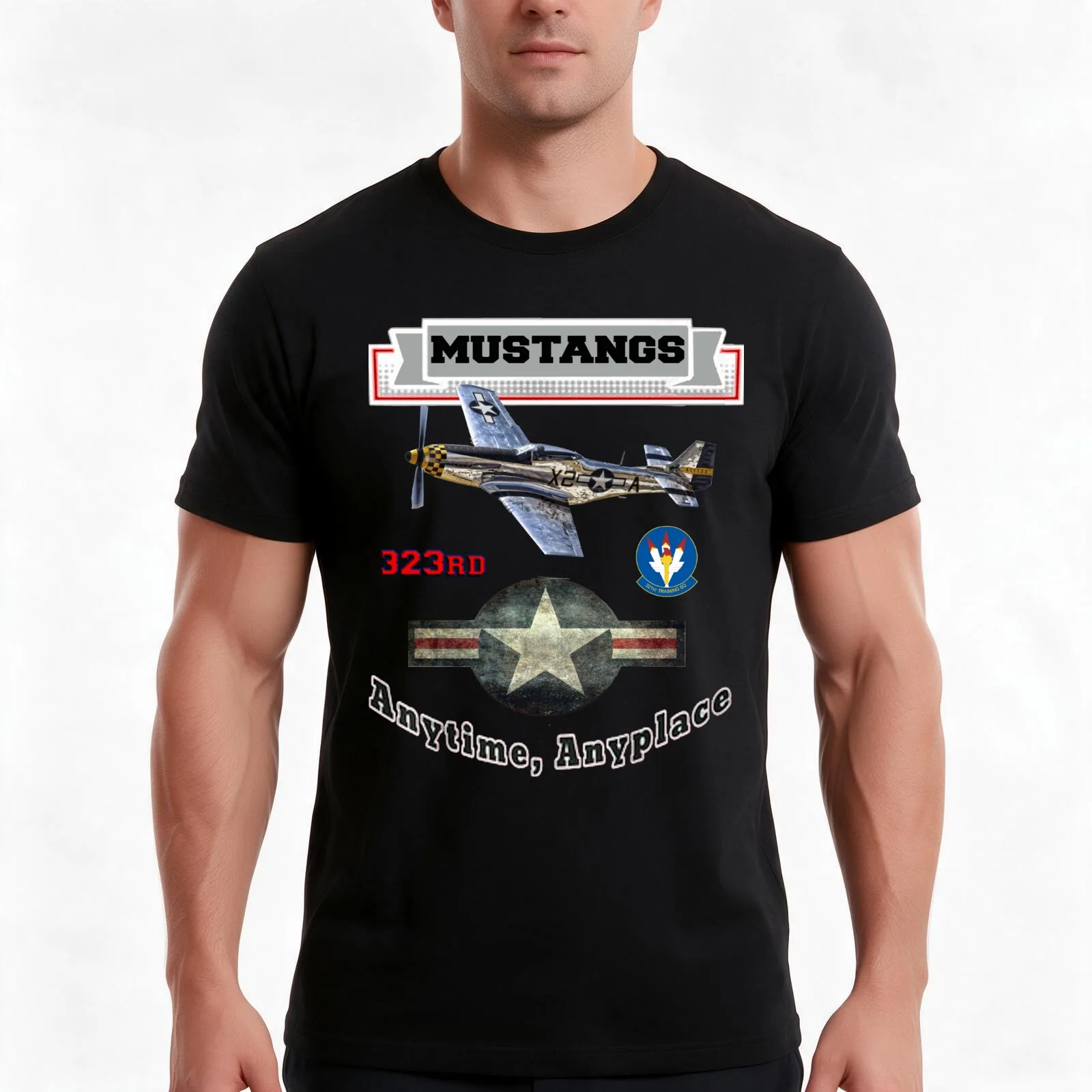 323rd TRS USAF Mustangs T-Shirt, Summer Casual Cotton Tee, Oversized Streetwear Tops, Vintage Graphic Print, Unisex Men Women