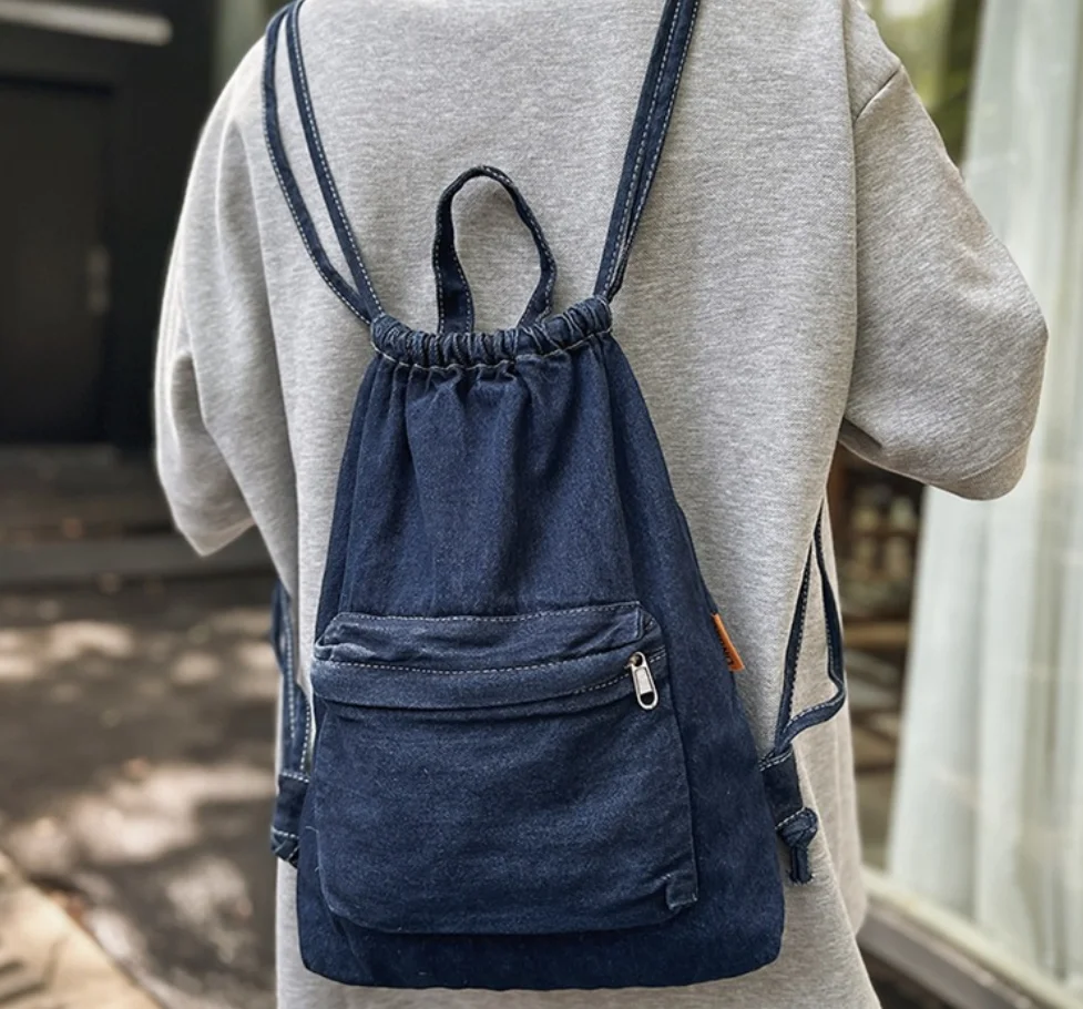 

Mochila Washed Drawstring Canvas Bag for Women's Retro Fashion Travel Backpack Unisex Solid Color Denim backpacks Женский рюкзак