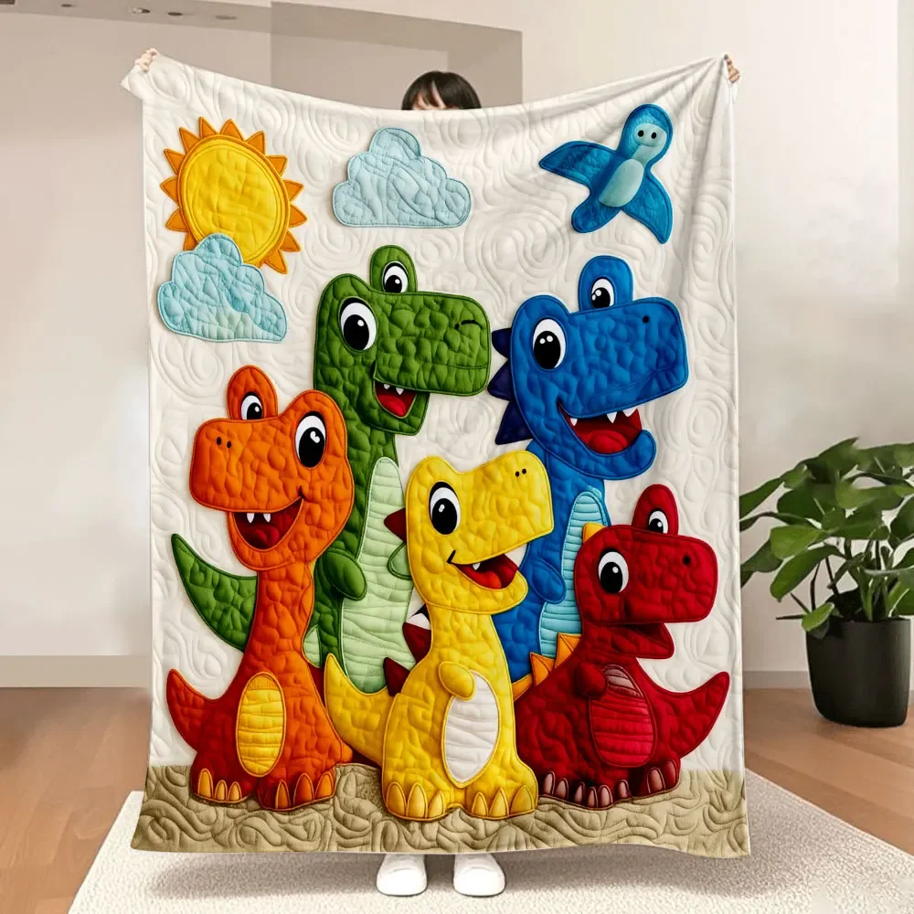 cobertor-de-dinossauro-em-estilo-cartoon-colorido-com-cinco-dinossauros-e-ceu-ensolarado-decoracao-macia-e-divertida-para-quartos