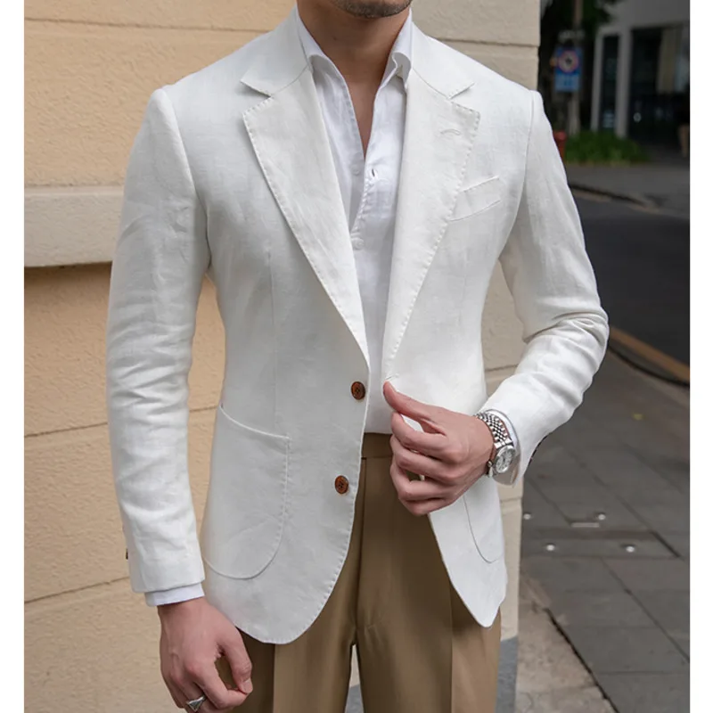 High Quality 100% Linen Italian Stylish Blazer Men Casual Breathable Half Lining Blazer Hombre Vintage Suit Jacket Pink White