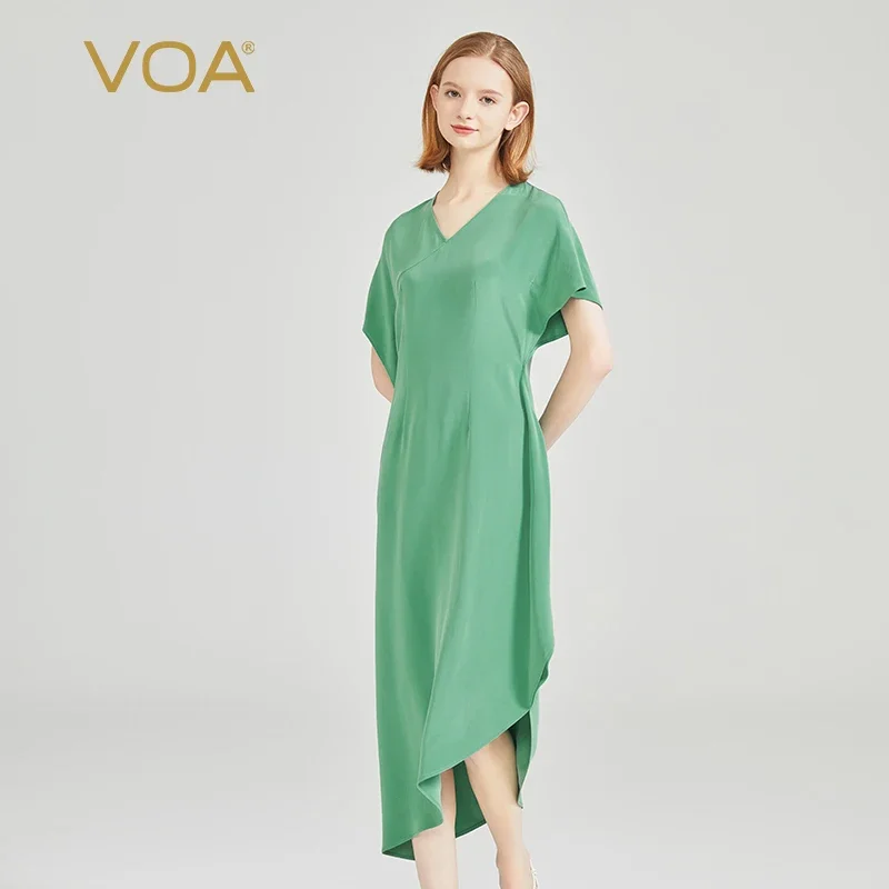 

VOA Spruce Green 30 Momme Heavyweight Sandwashed Silk Dresses Women V-Neck Raglan Short Sleeve Skew Silk Fragrant Dress AE2099