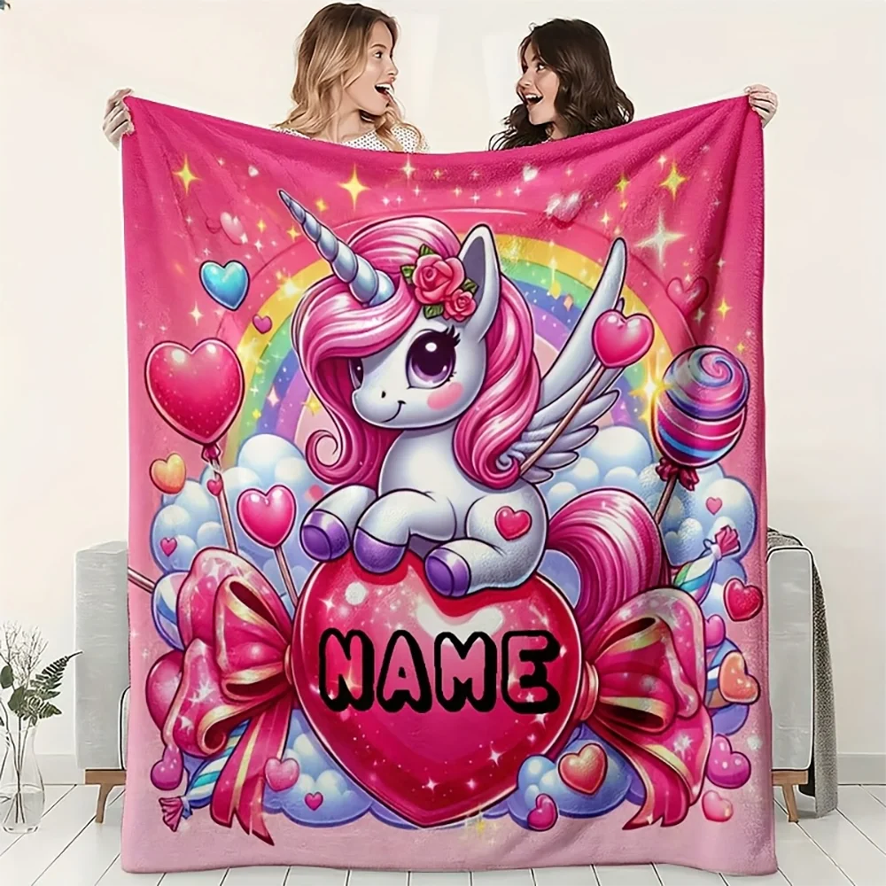 

1pc Personalized Cute Unicorn Heart Blanket, Custom Name Kids Girls Pink Magical Unicorn Throw Blanket for Bedroom Sofa Couch