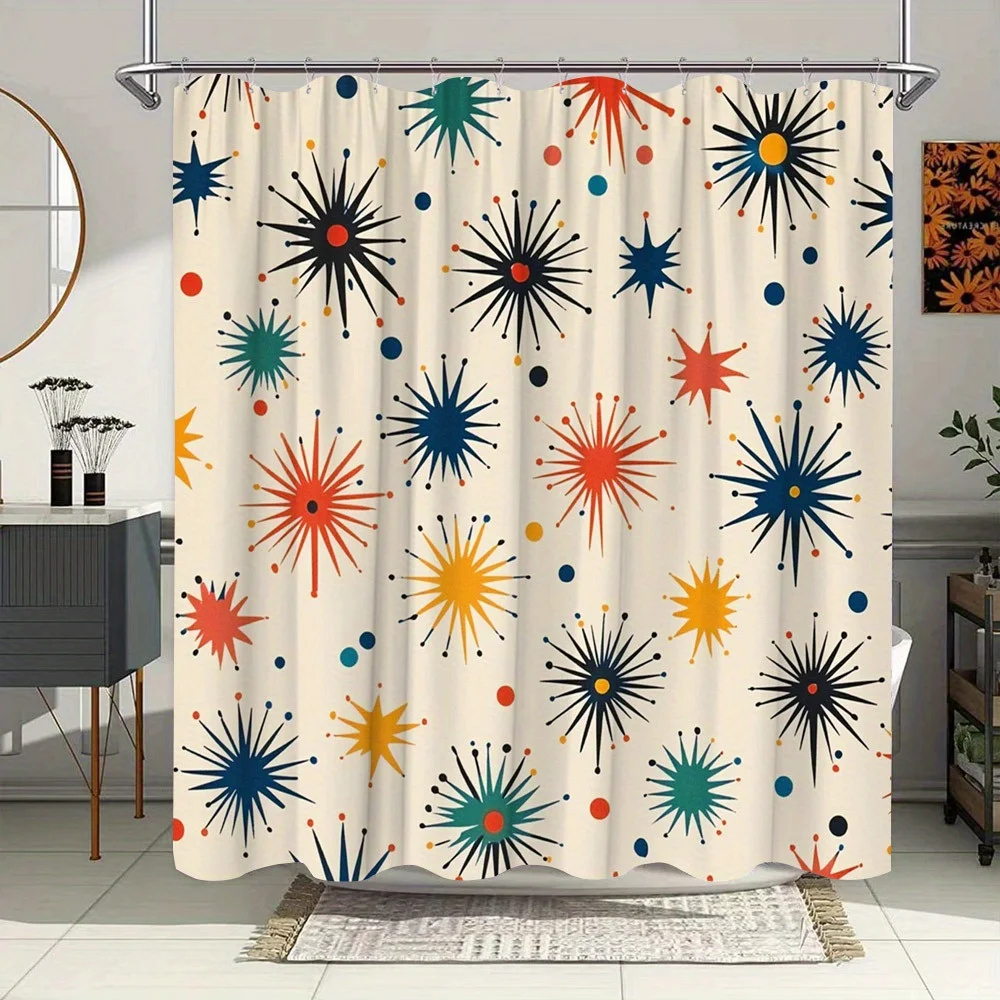 Mid-Century Starburst Shower Curtain 72x72 Polyester Washable – Retro Atomic Motifs in Blue, Orange, Teal & Black on Cream