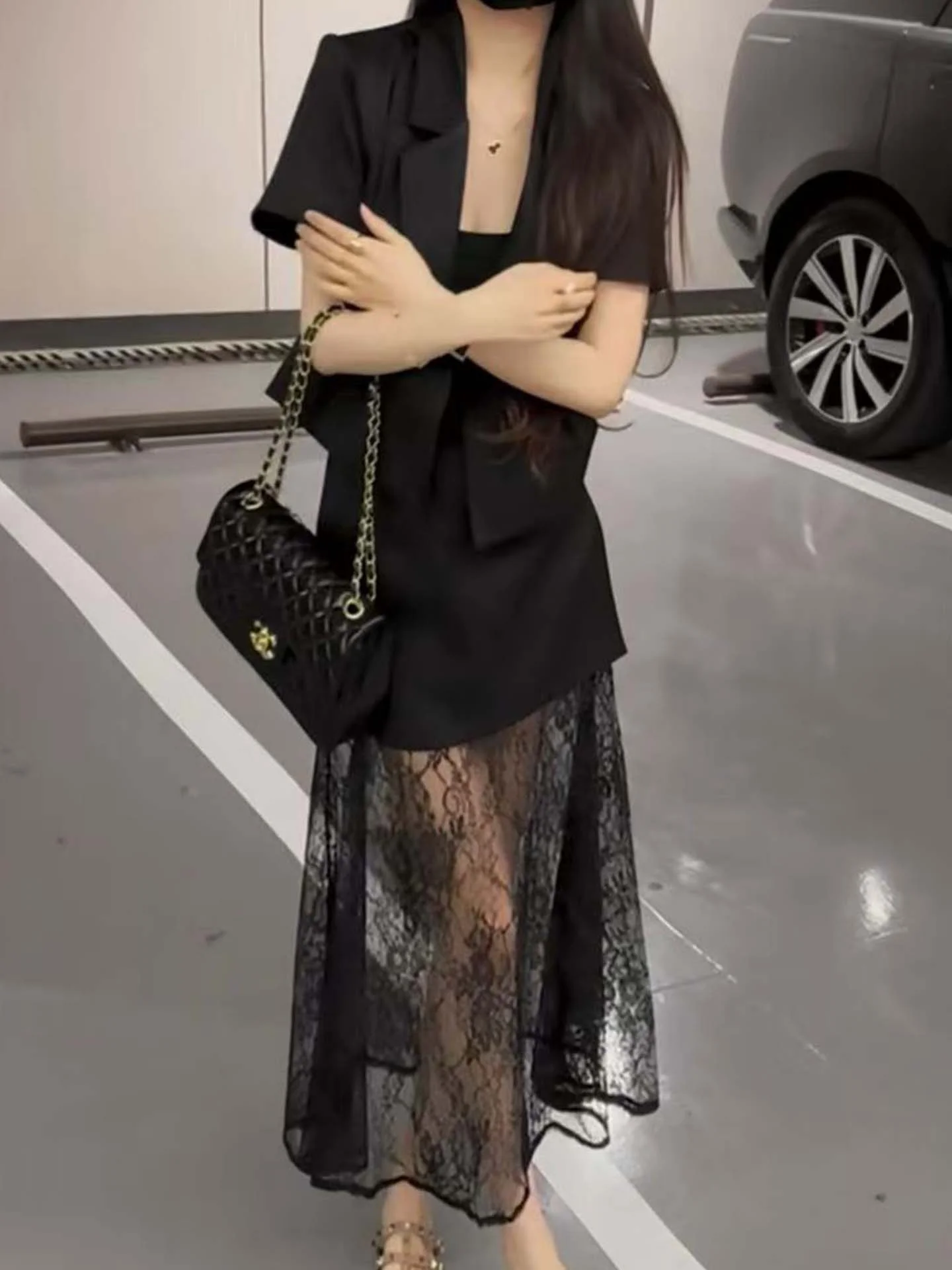 

Комплект с кружевными вставками и юбкой А-силуэта с высокой талией для женщин, креативный дизайн, весенняя новинка