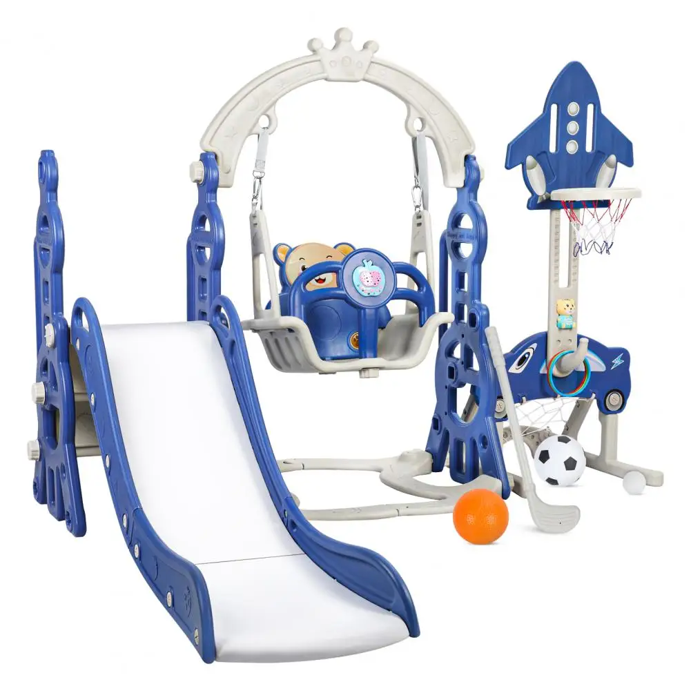 5 in1 Kids Slide Swing Set, Cartoon Themed Baby Mini Playground, Freestanding Baby Playground with Non-Slip Ladder, Slide, Swing