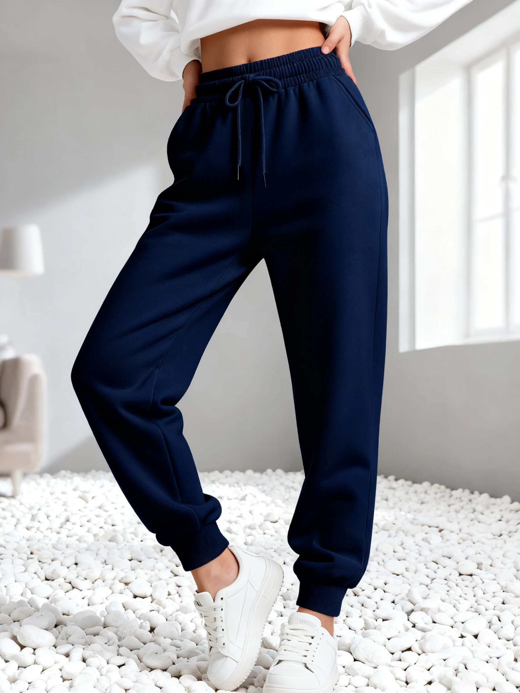 Lässige Damenhose Winter Jogginghose mit Taschen Sportliche Lose Fleece-Jogginghose Basics Elastischer Bund Damenkleidung – Detail 15