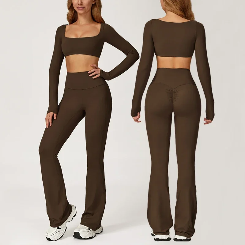 

VITALINOVO Workout Sets for Women 2 Piece Square Neck Long Sleeve Crop Tops High Waist Scrunch Butt Flare Leggings Yoga Gym Sets