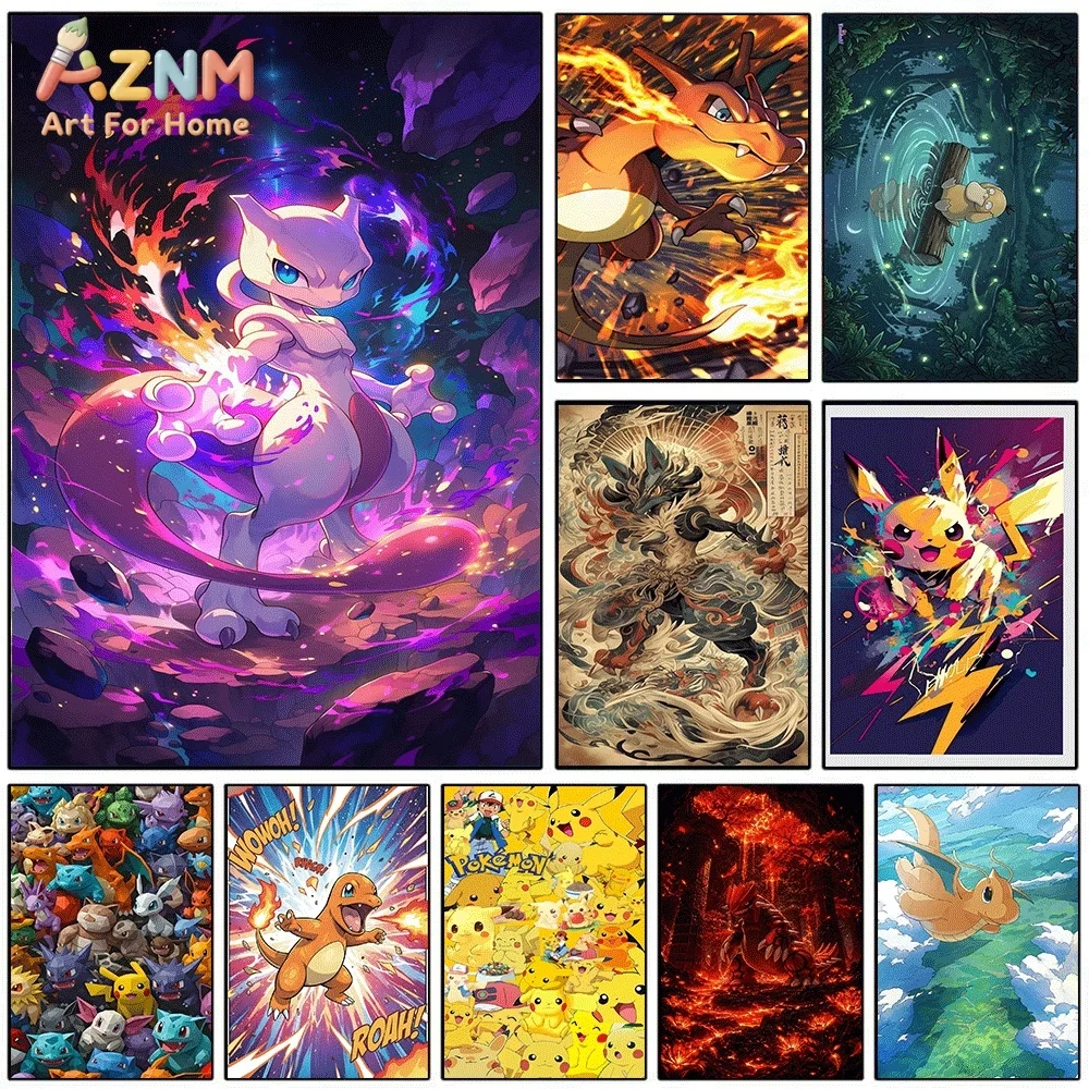 Anime Pokemon Fantasy Mewtwo Canvas Wall Art, Psychic‑type Pocket Monster Cartoon Frameless Canvas Painting for Kids Bedroom L