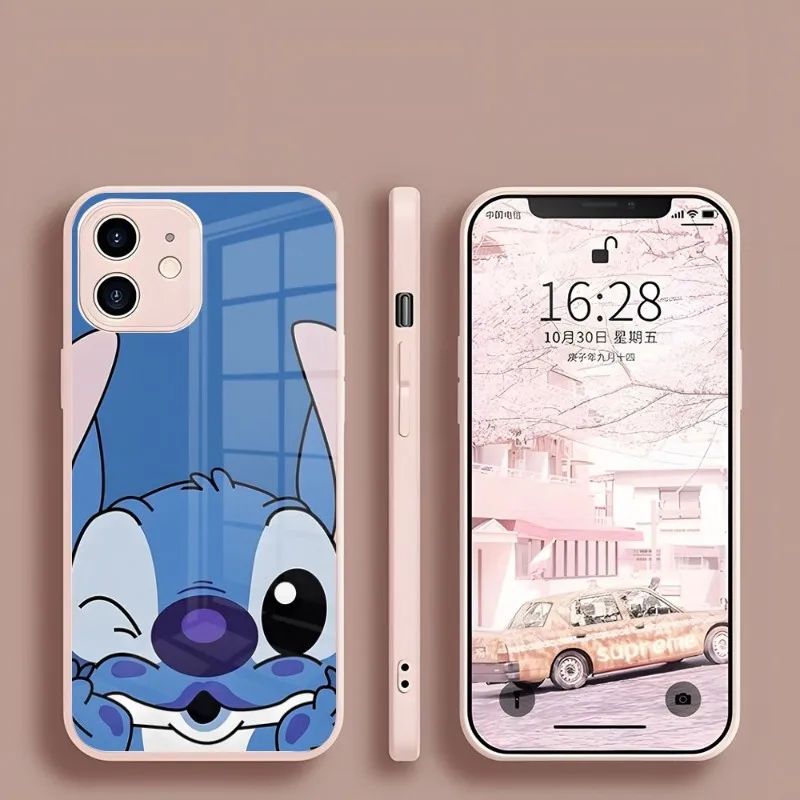 Disney Kawayi Lilo Stitch Phone Case For Iphone 15 14 13 Pro Max 12 11 Xr X Xs Mini 6 7 8 Plus Se 2022 2020 Glass Cover Pink